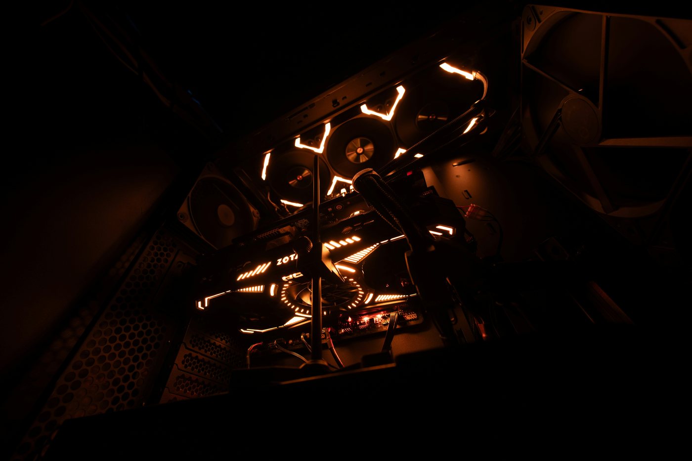 Inside a gaming PC with orange lighting
